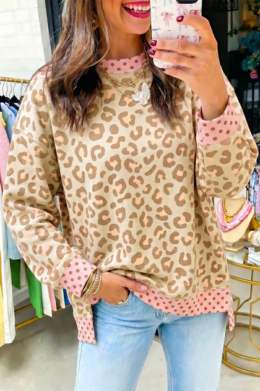 Leopard Print Sweatshirt with Polka Dot Accents