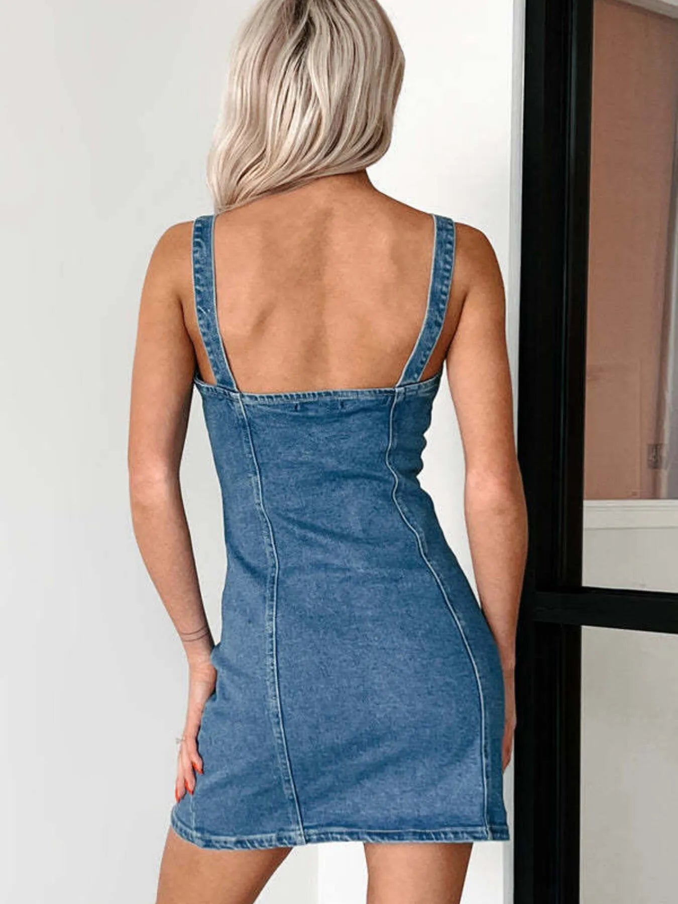 Button Front Sweetheart Neck Denim Mini Dress