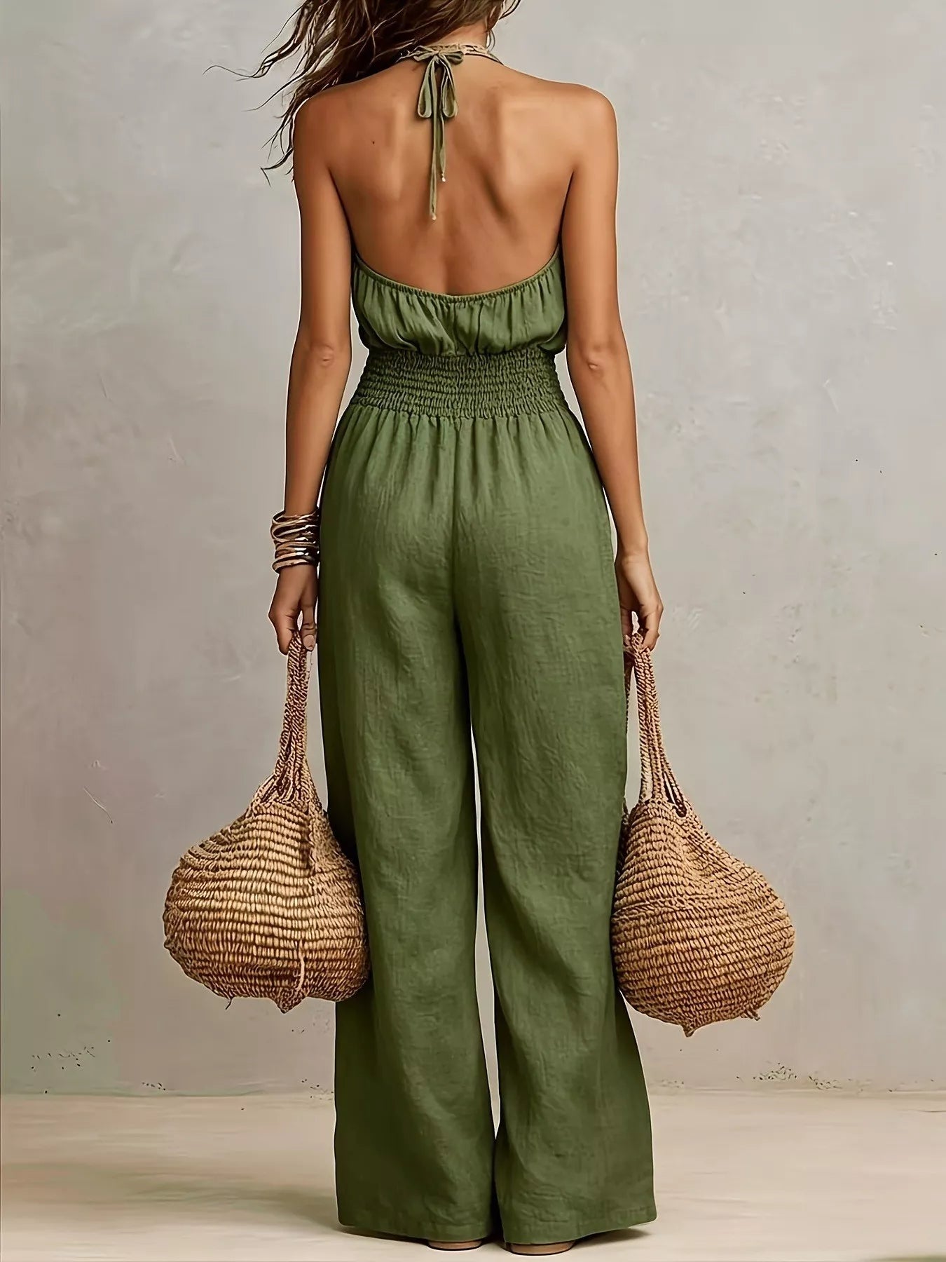 Smocked Halter Neck Wide-Leg Jumpsuit