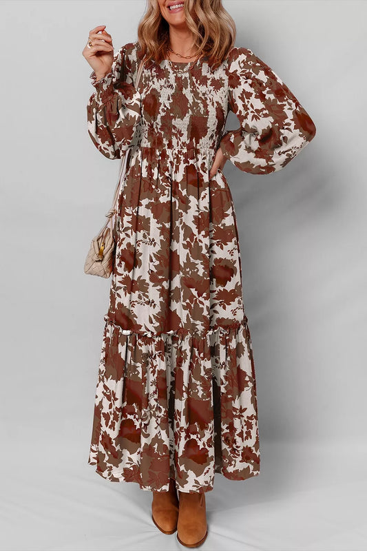 Floral Puff Sleeve Smocked Bodice Ruffled Maxi Dress