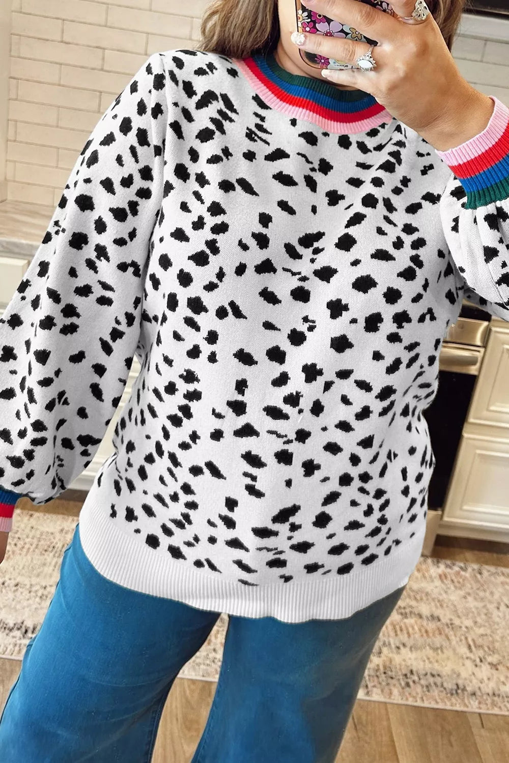 Plus Size Leopard Print Colorblock Round Neck Long Sleeve Tunic Sweater