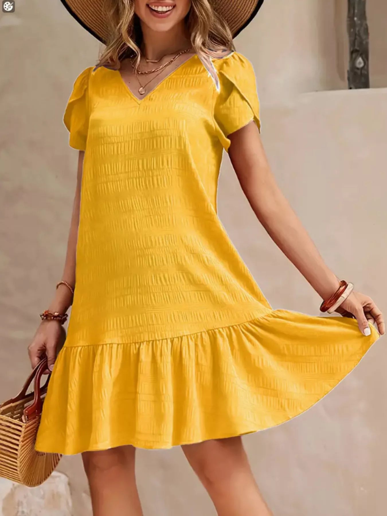 V-Neck Ruffle Hem Textured Mini Dress