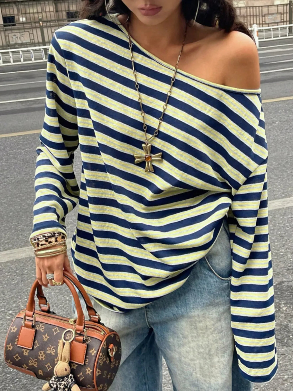 Off-Shoulder Striped Long Sleeve T-Shirt