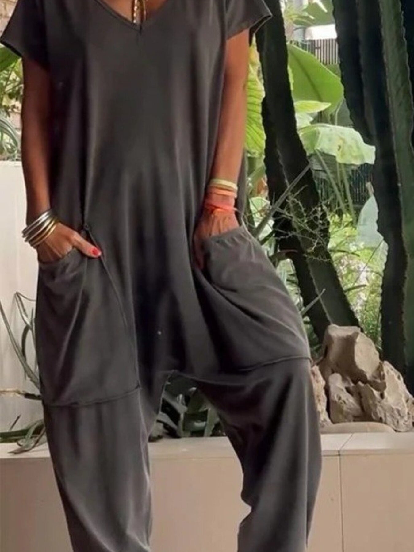 Full Size Loose Fit V-Neck Short Sleeve Wide Leg Jumpsuit Plus Size