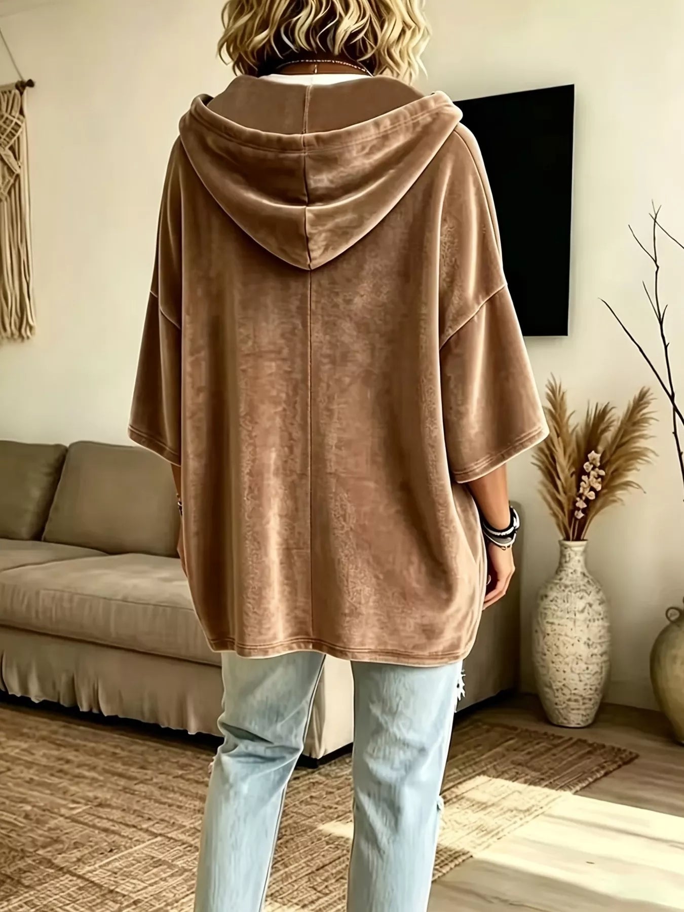 Full Size Velvet 3/4 Sleeve Hoodie with Kangaroo Pocket Plus Size