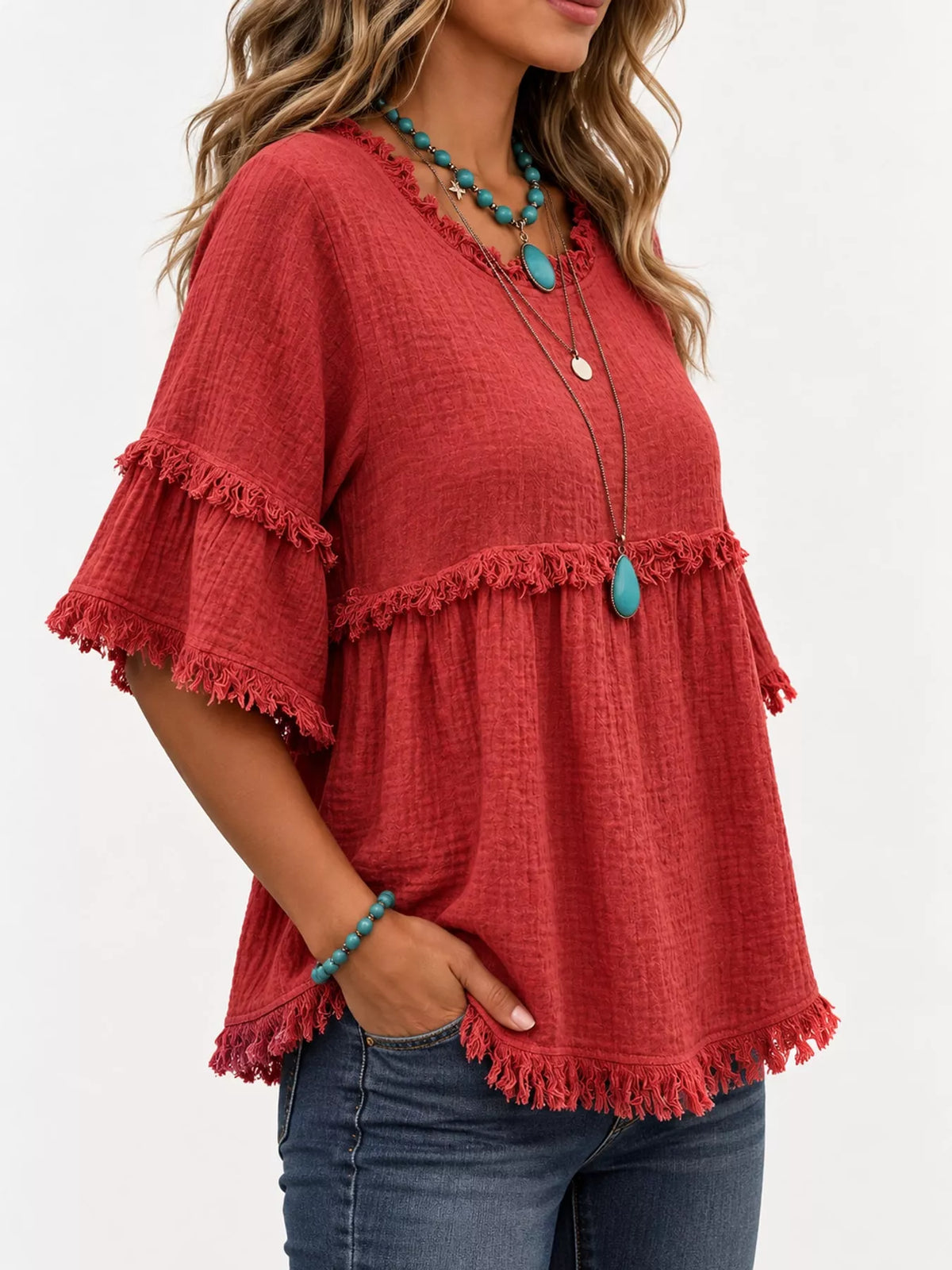 Full Size Frayed Edge Textured Blouse Plus Size