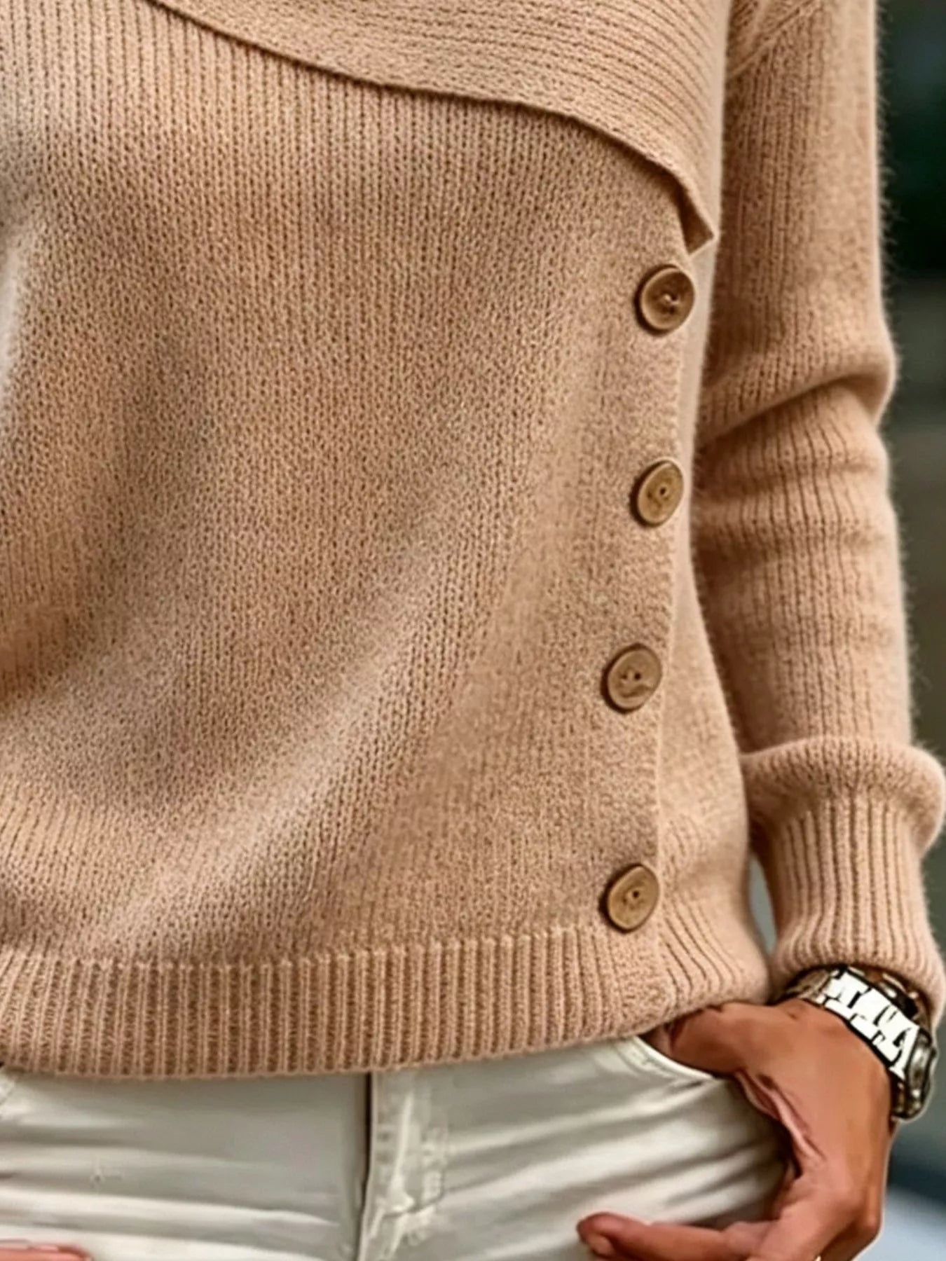 Full Size Asymmetrical Decor Button Sweater Plus Size