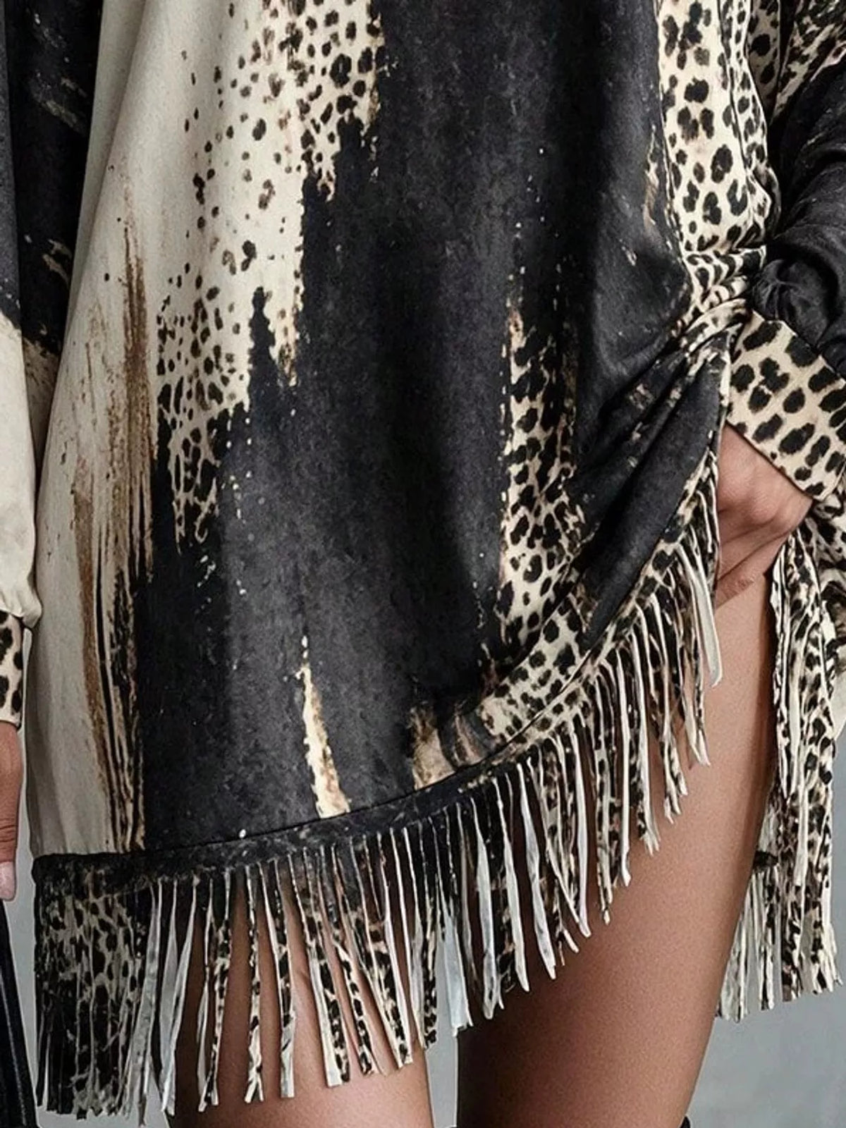Leopard Print Mock Neck Fringe Hem Mini Dress
