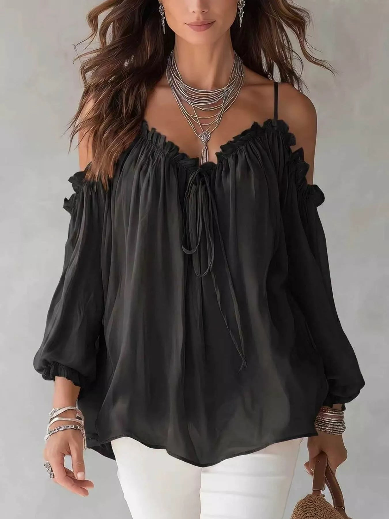 Frill Spaghetti Strap Tie Front Blouse