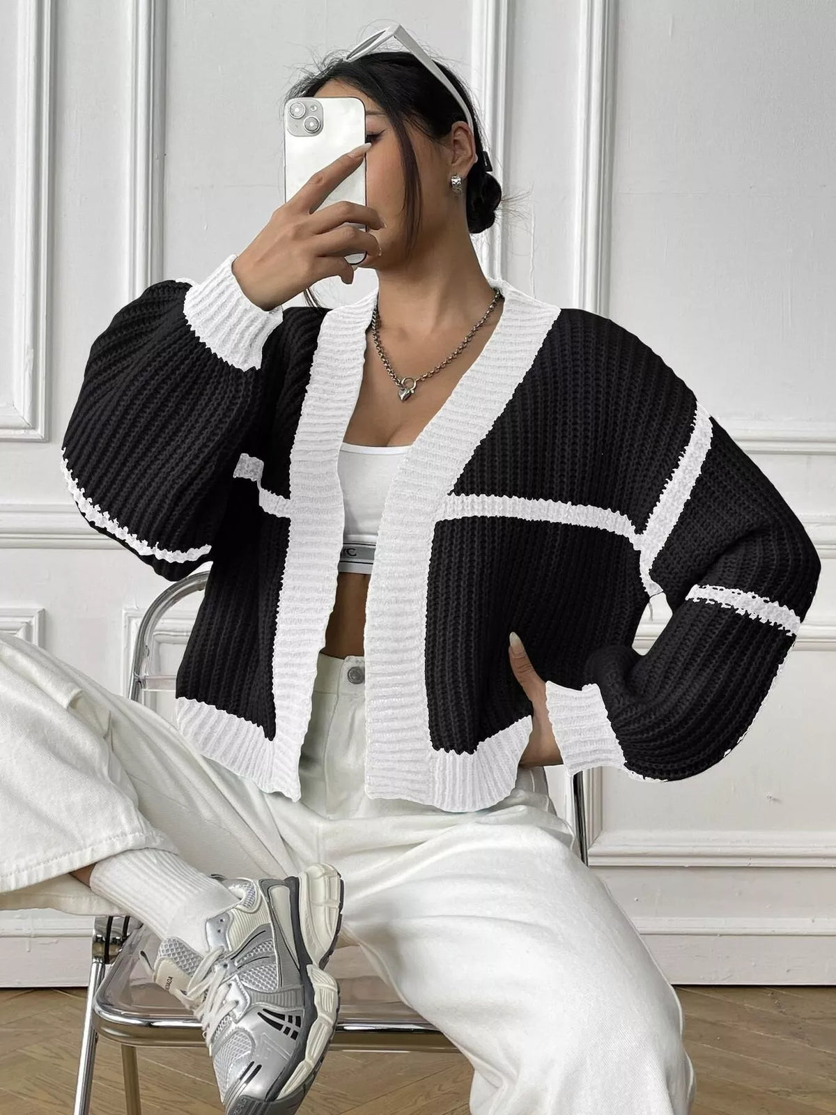 Color-Block Ribbed Knit Open-Front Cropped Cardigan