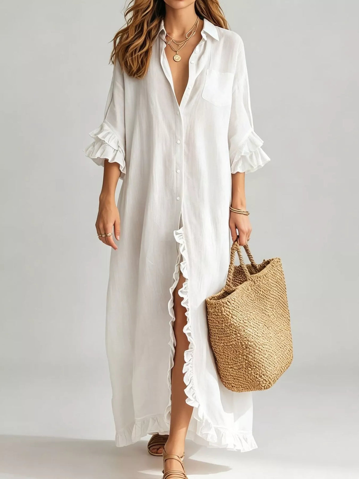 Full Size Ruffled Trim Button-Down Maxi Shirt Dress Plus Size