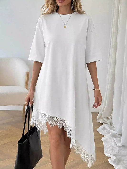 Lace Trim Asymmetrical Hem T-shirt Dress
