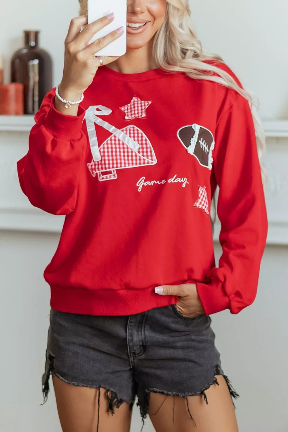 Gingham Patch Embroidered Rugby Game Day Stars Sweatshirt