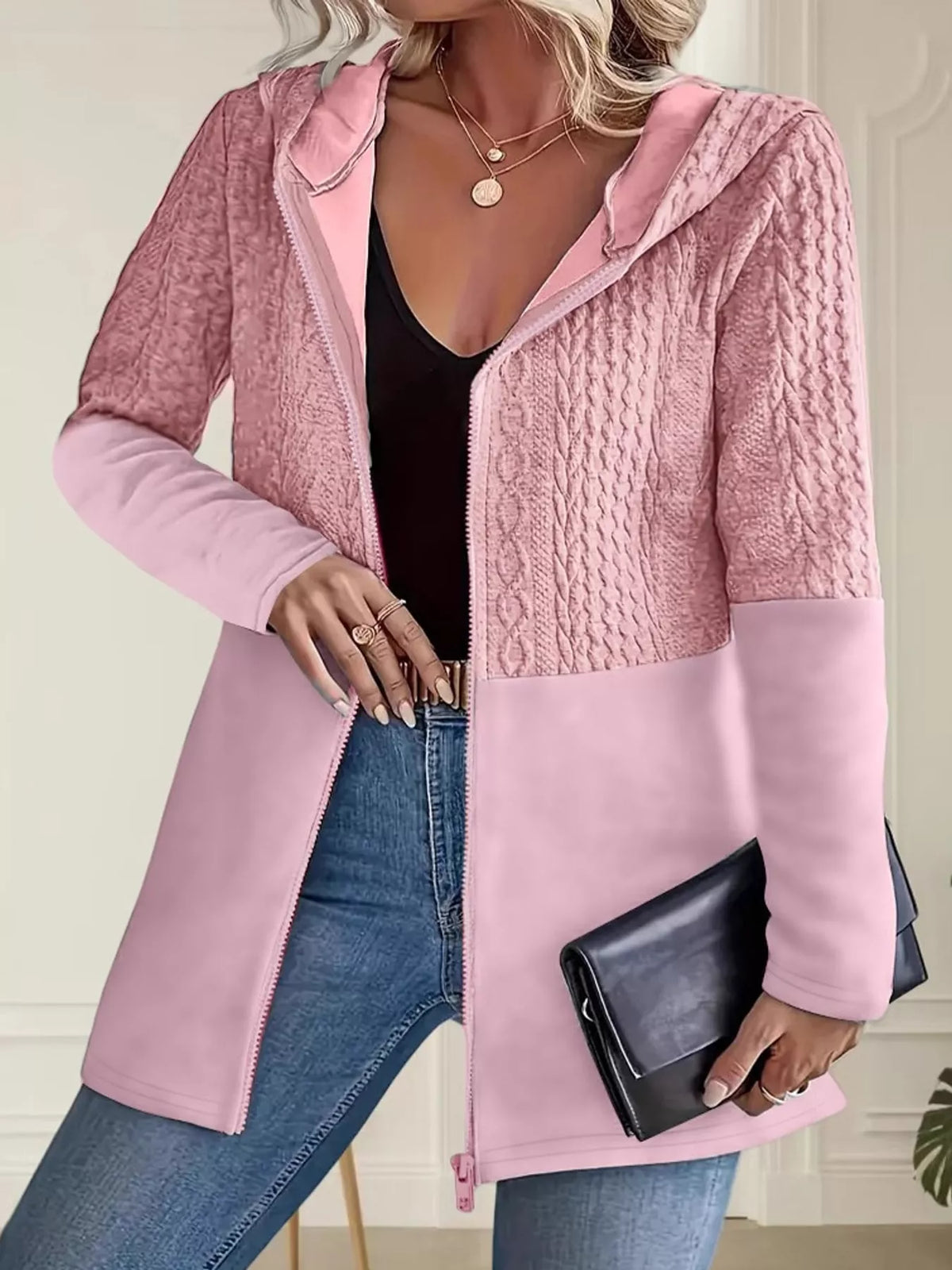 Full Size Textured Hooded Zip-Up Jacket Plus Size
