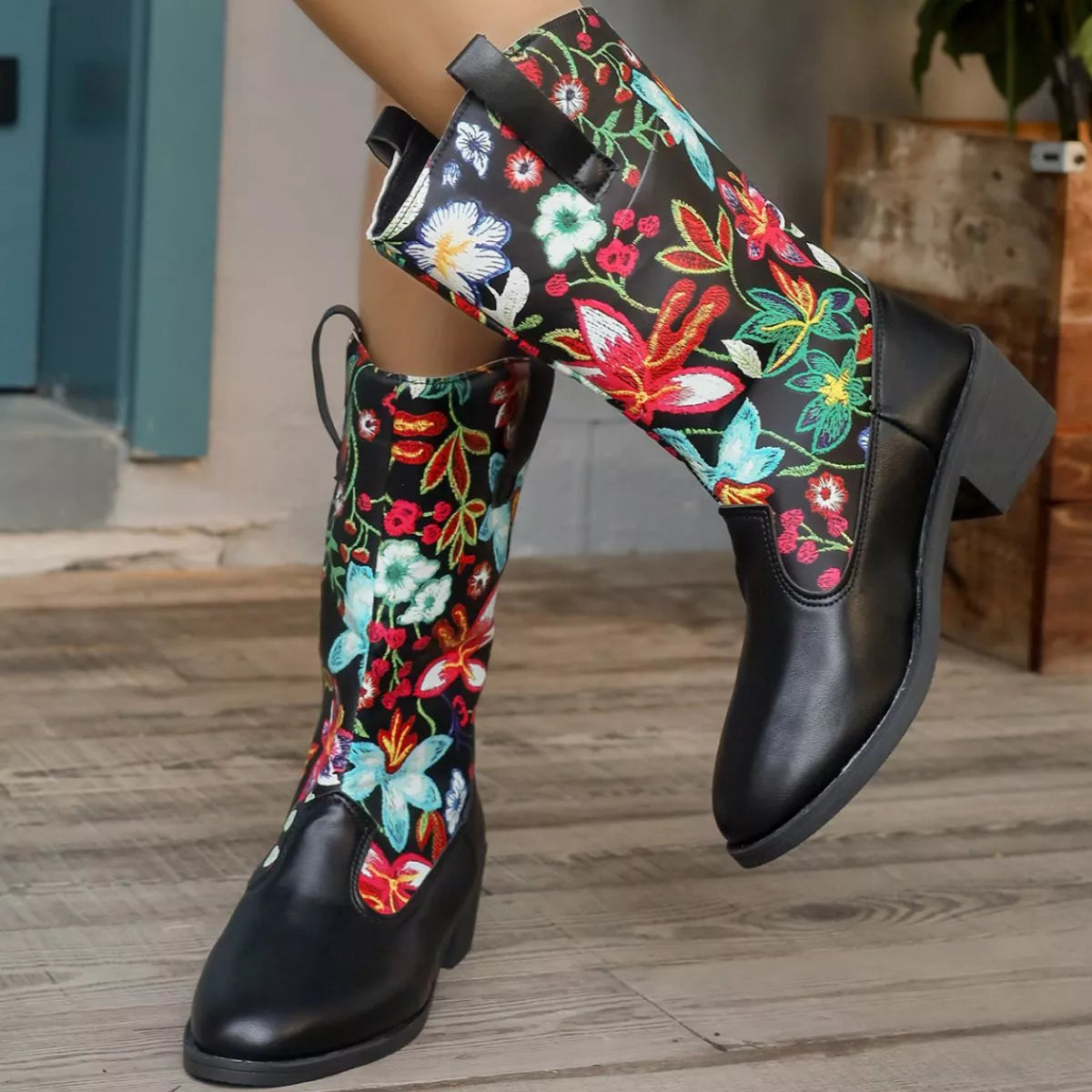 Floral Block Heel Boots