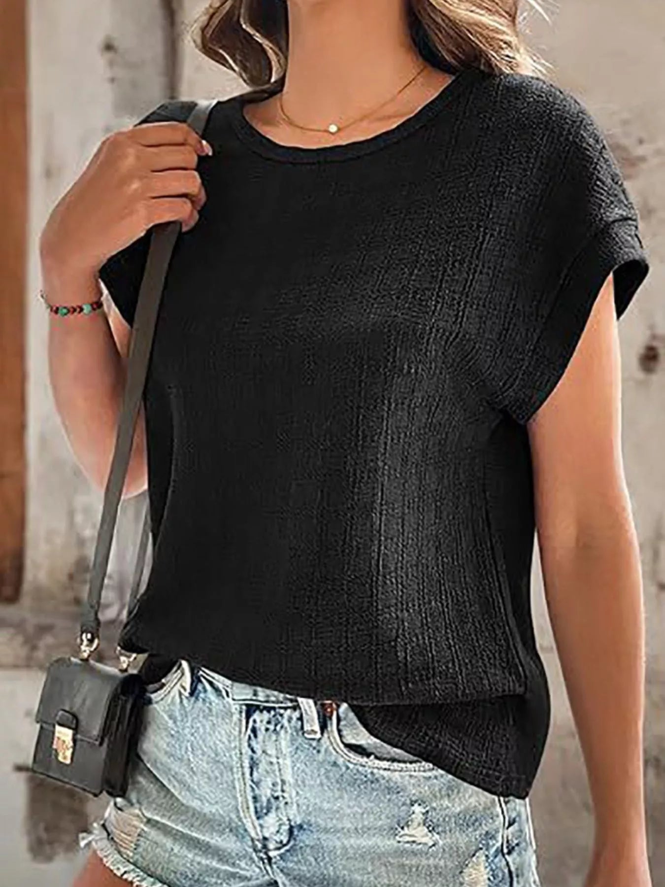 Textured Round Neck Short Sleeve Top