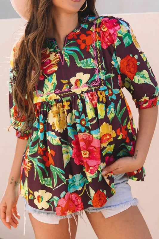 Flower Embroidered Trim Half Sleeve Blouse