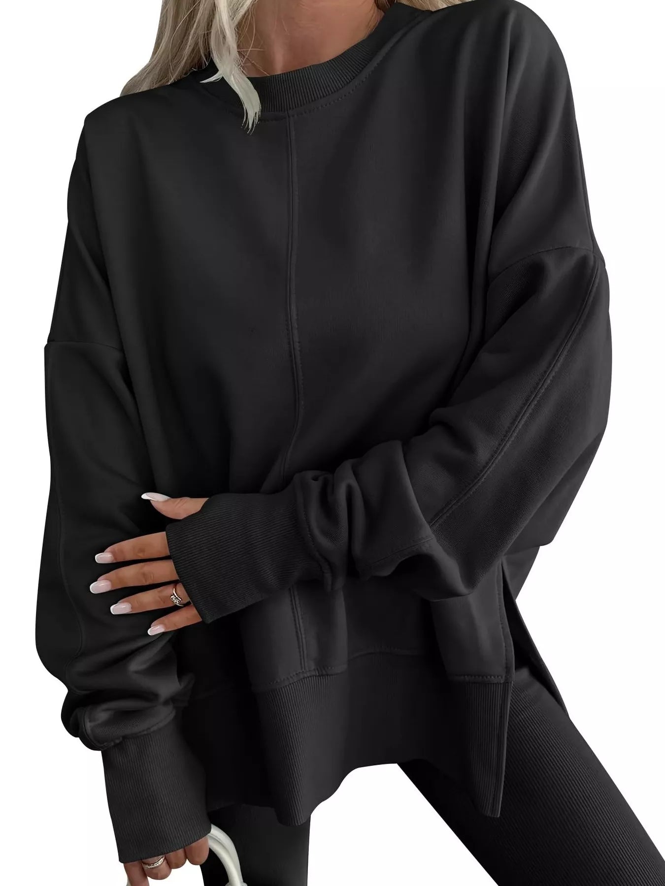 Side Slit Round Neck Long Sleeve Sweatshirt