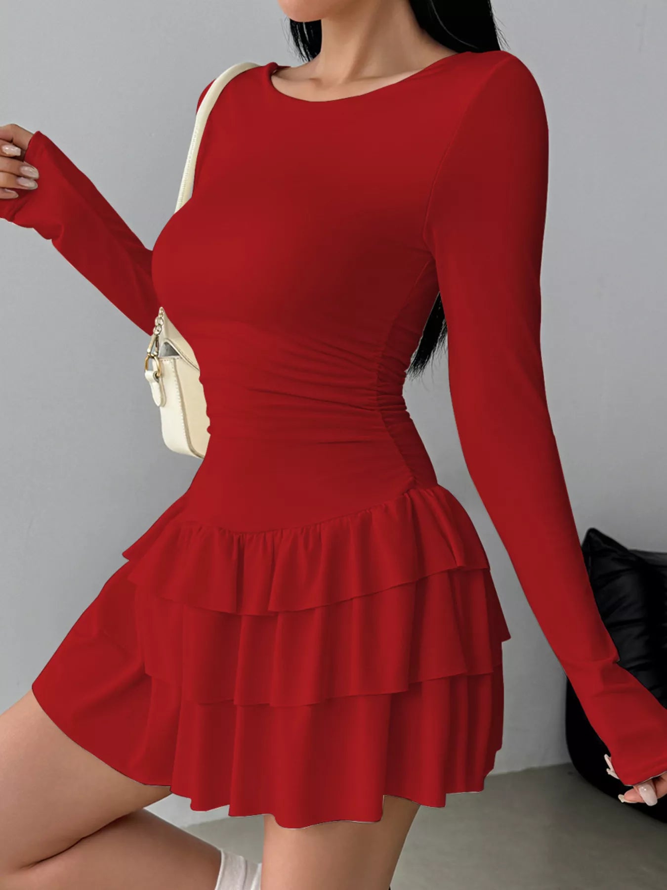 Ruched Long Sleeve Layered Ruffle Mini Dress