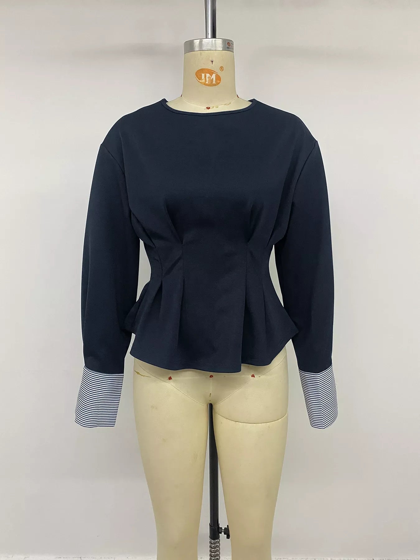 Round Neck Peplum Top with Striped Cuffs
