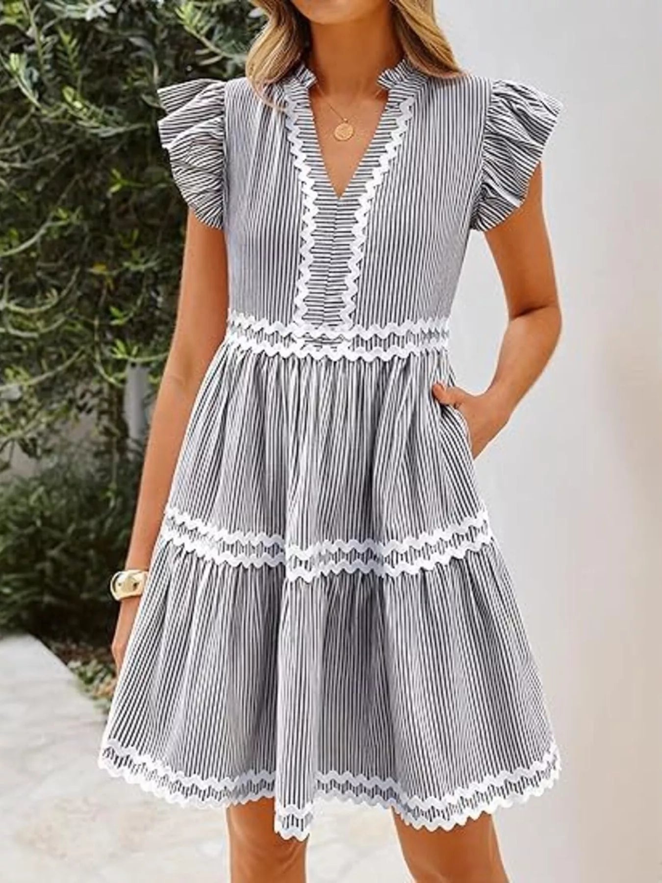 Striped Ruffle Sleeve Tiered Dress