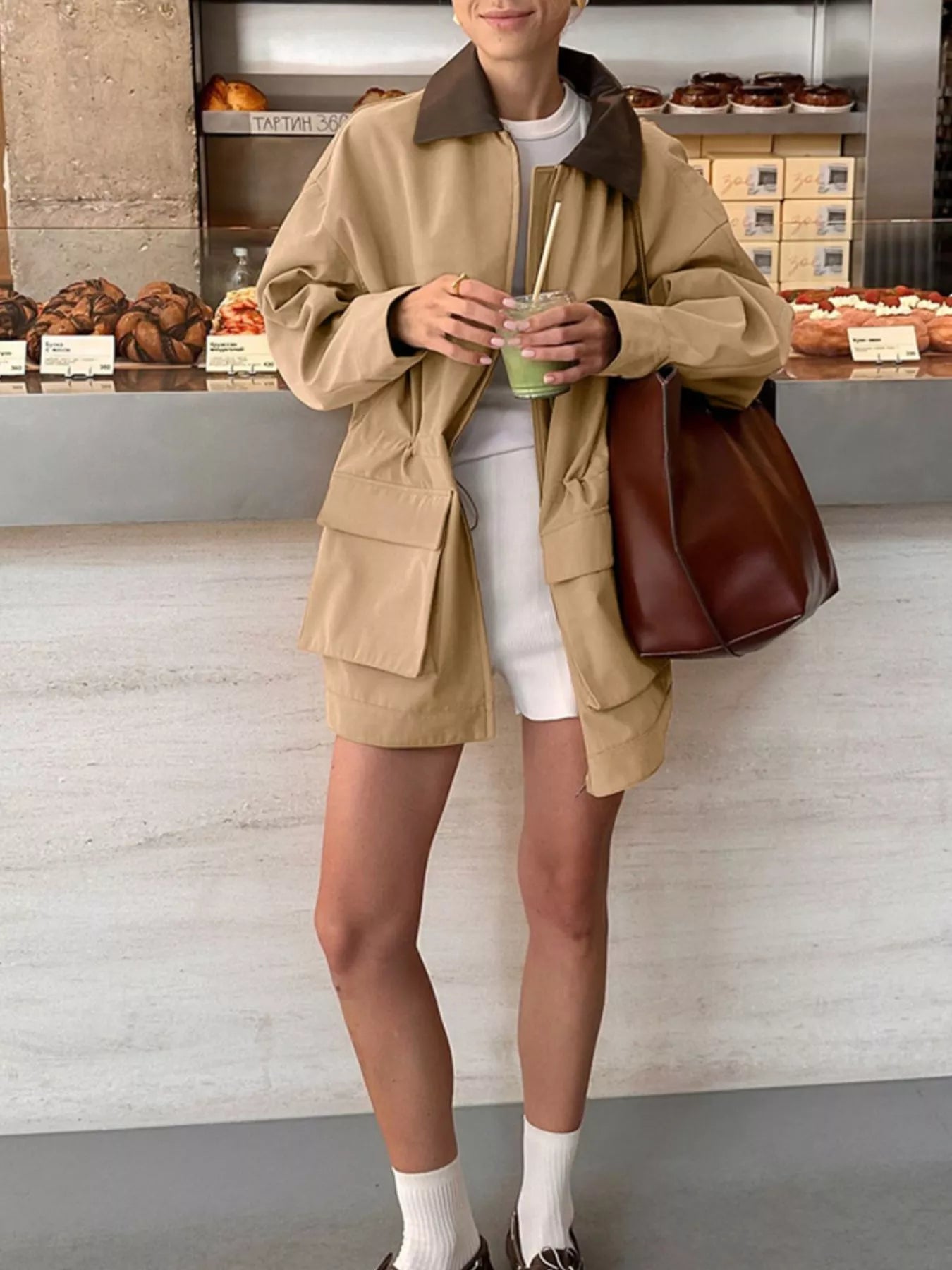 Oversized Contrast Collar Jacket with Drawstring Waist
