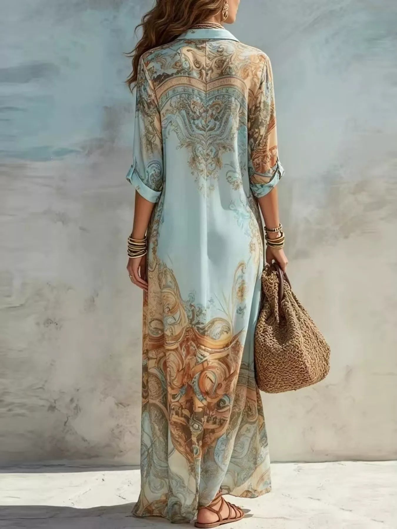 Full Size Printed Button Down Roll-Up Sleeve Shirt Maxi Dress Plus Size