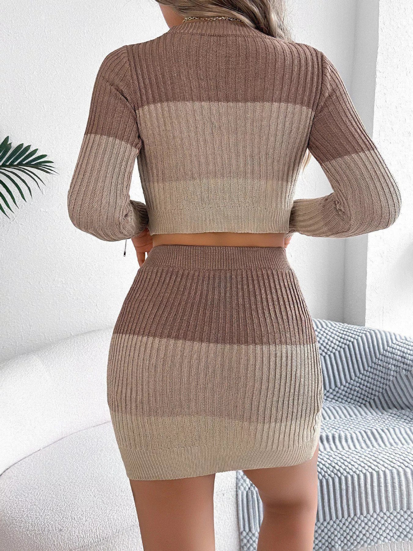 Color Block Ribbed Knit Top and Skirt Sweater Set