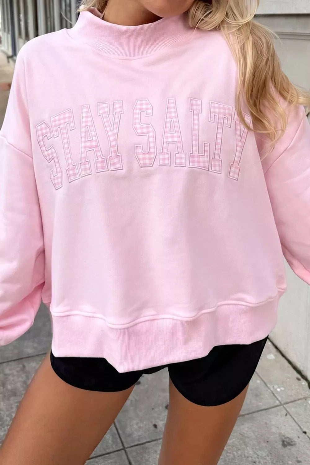 Embroidered Long Sleeve Stand Neck Shift Pullover Sweatshirt