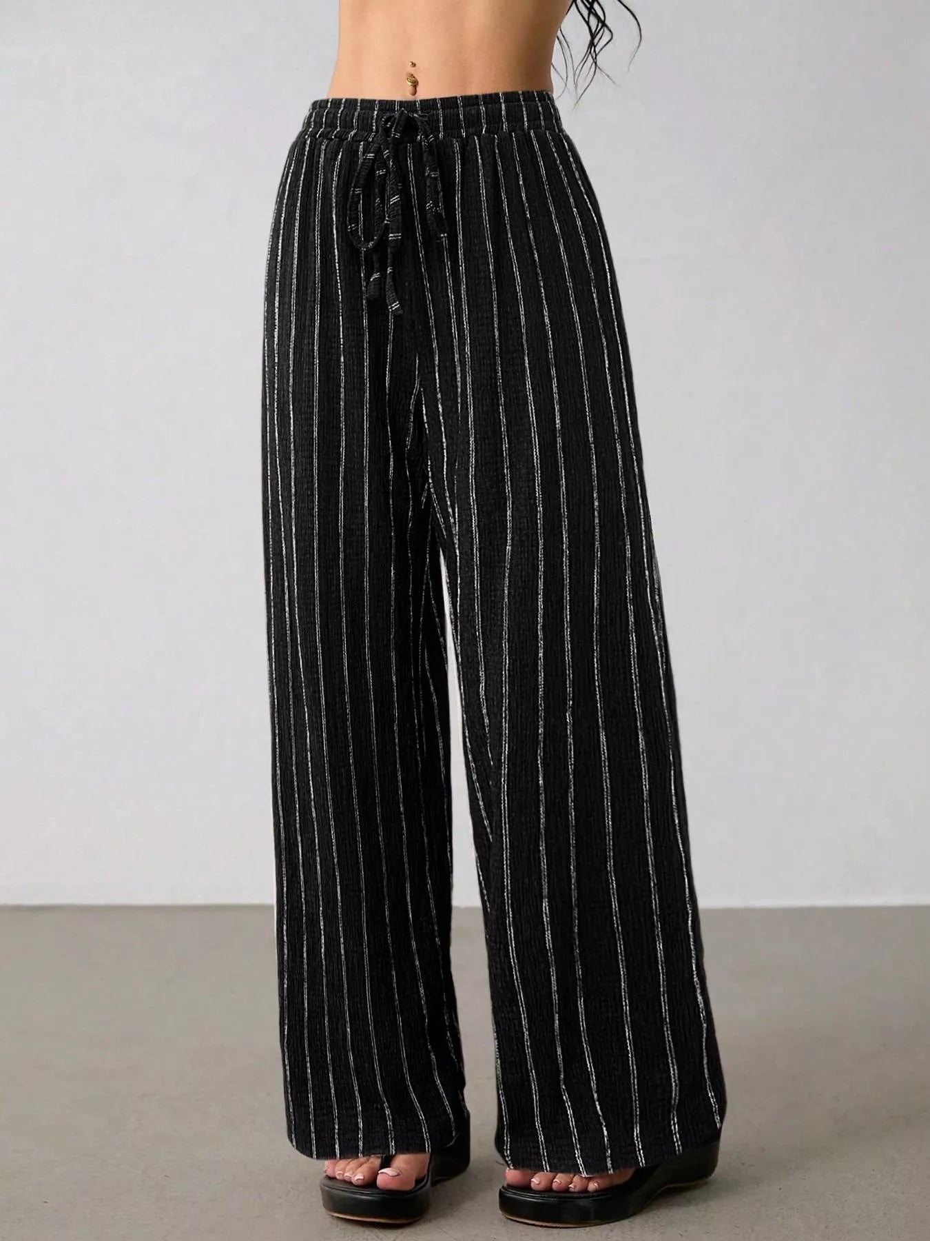 Striped Wide-Leg Drawstring Pants