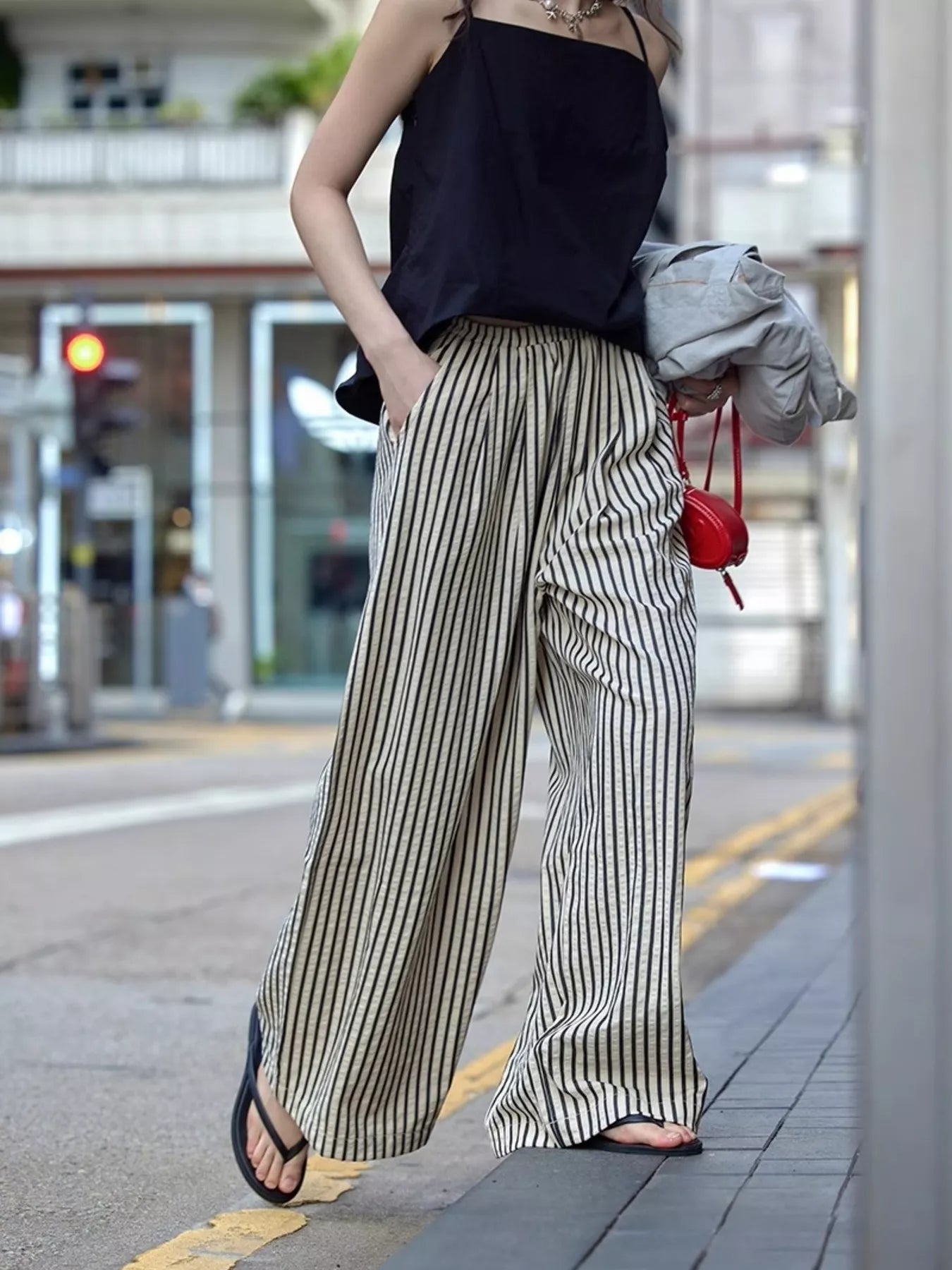 Full Size Striped Drawstring Waist Wide Leg Pants Plus Size