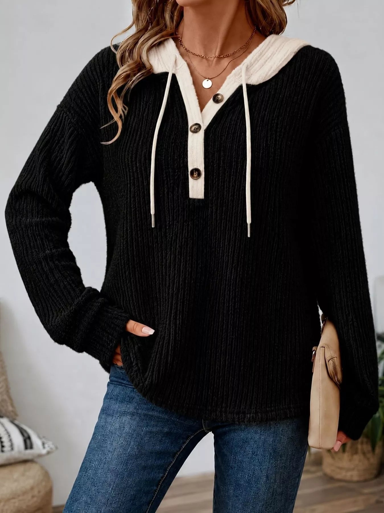 Full Size Drawstring Button Detail Hooded Sweater Plus Size