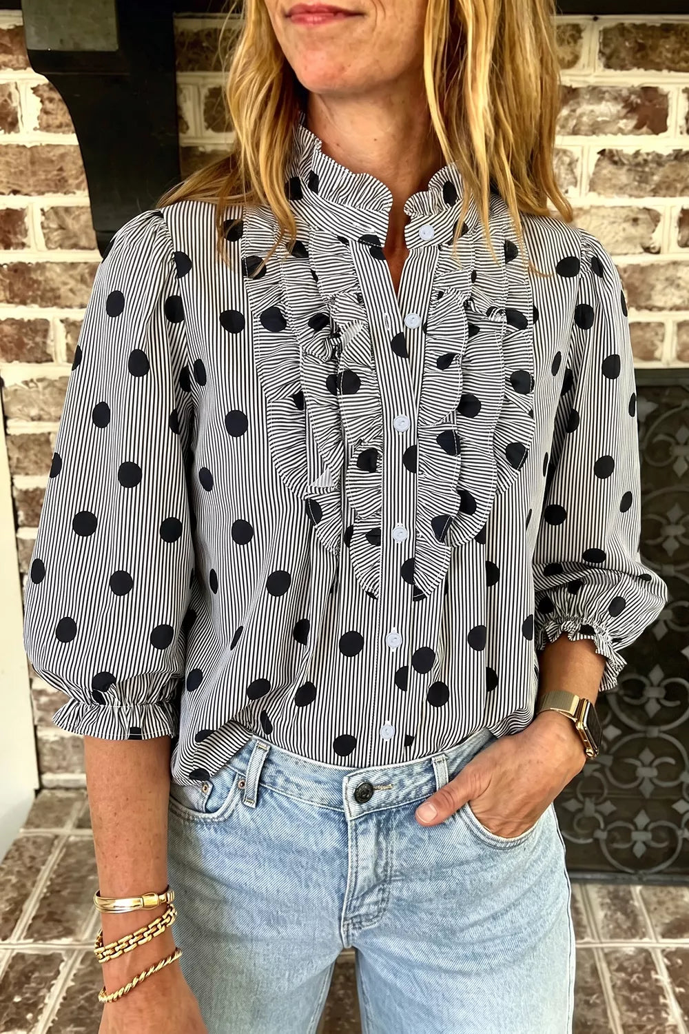 Polka Dot Ruffled Stand-Collar Shirt