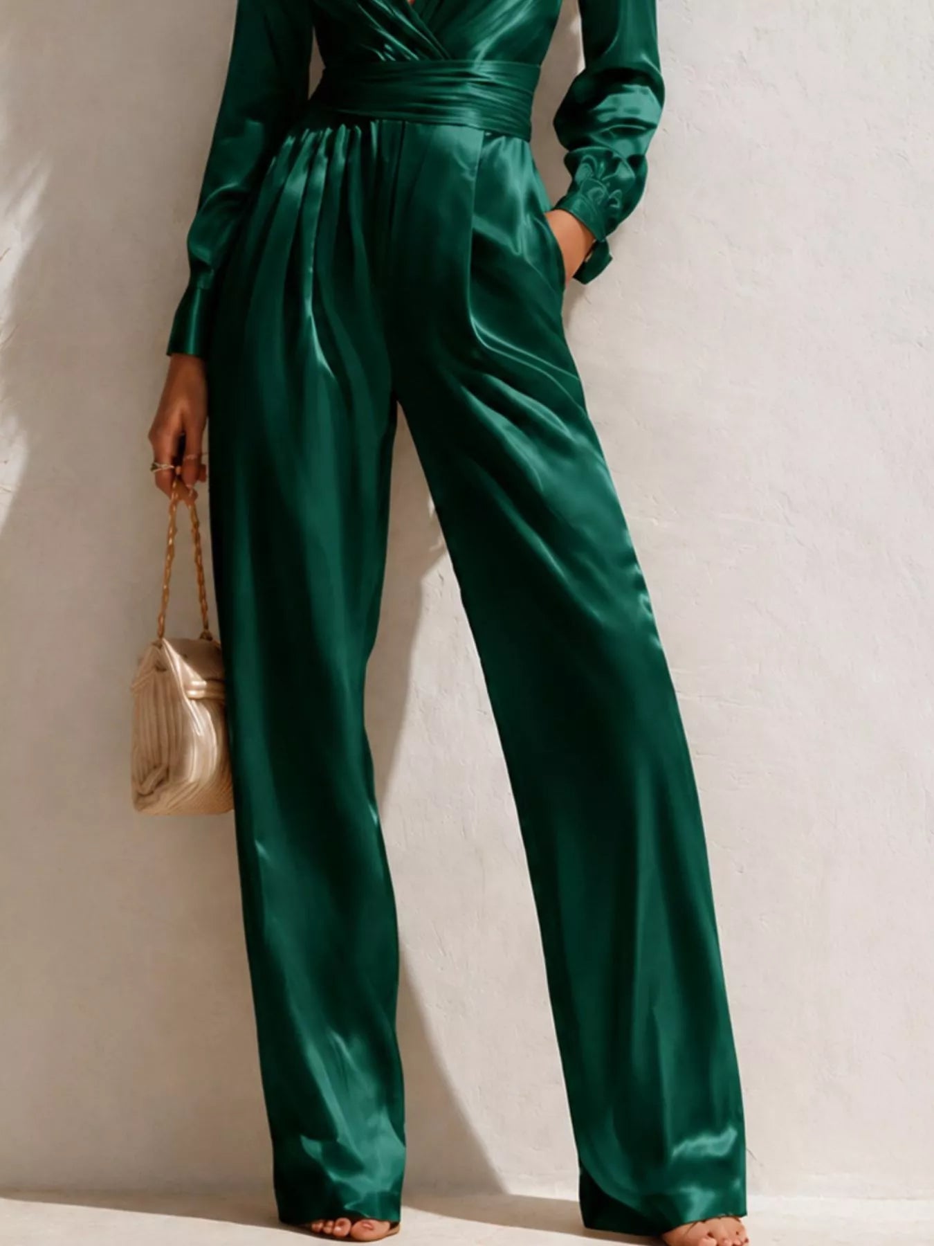 Satin Long Sleeve Wide Leg Jumpsuit