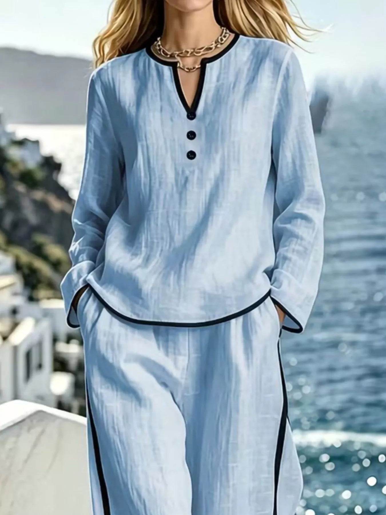 Contrast Trim Long Sleeve Top and Pants Set