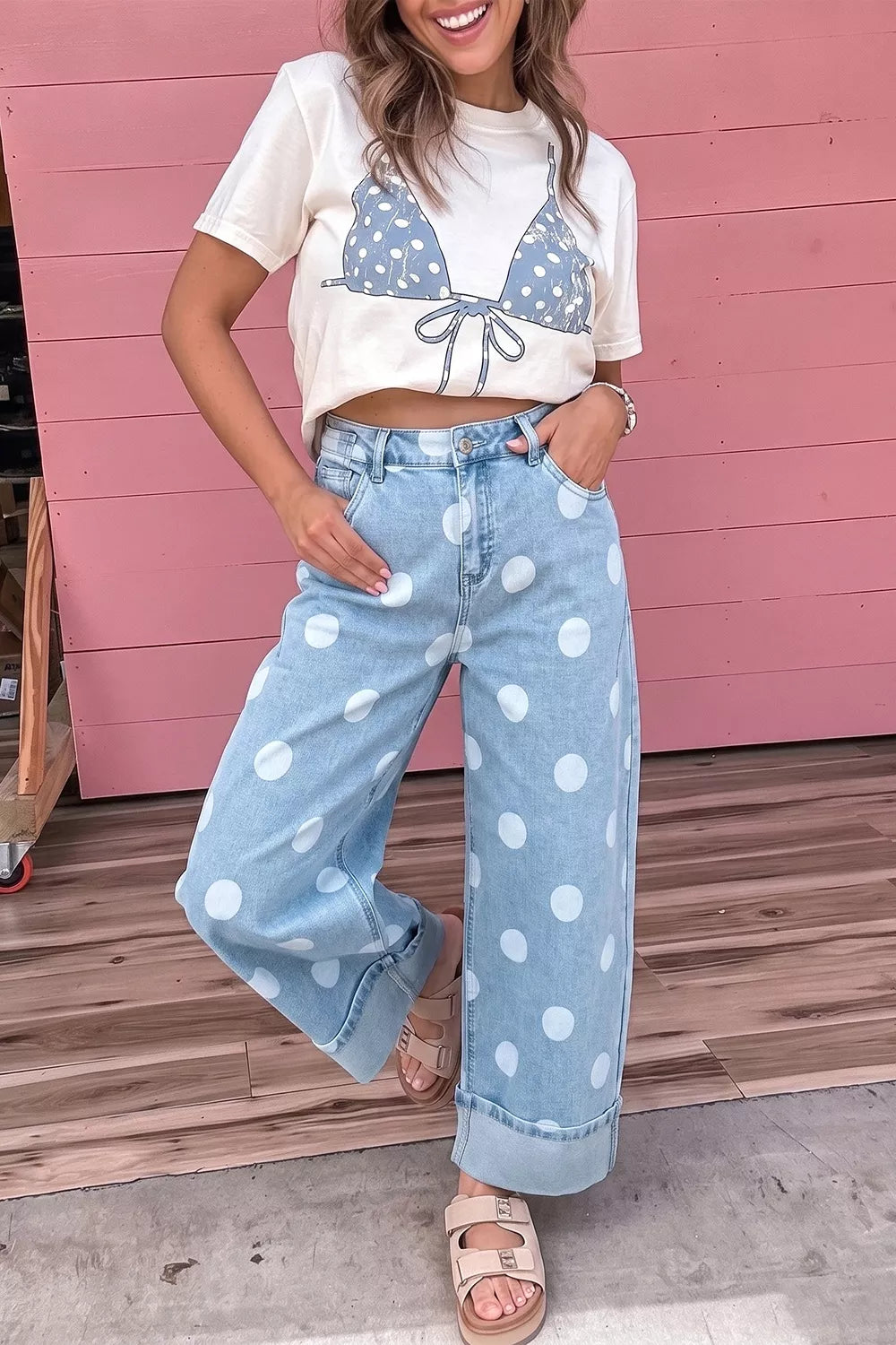 Polka Dot Ankle-Length Metal Button Casual Jeans