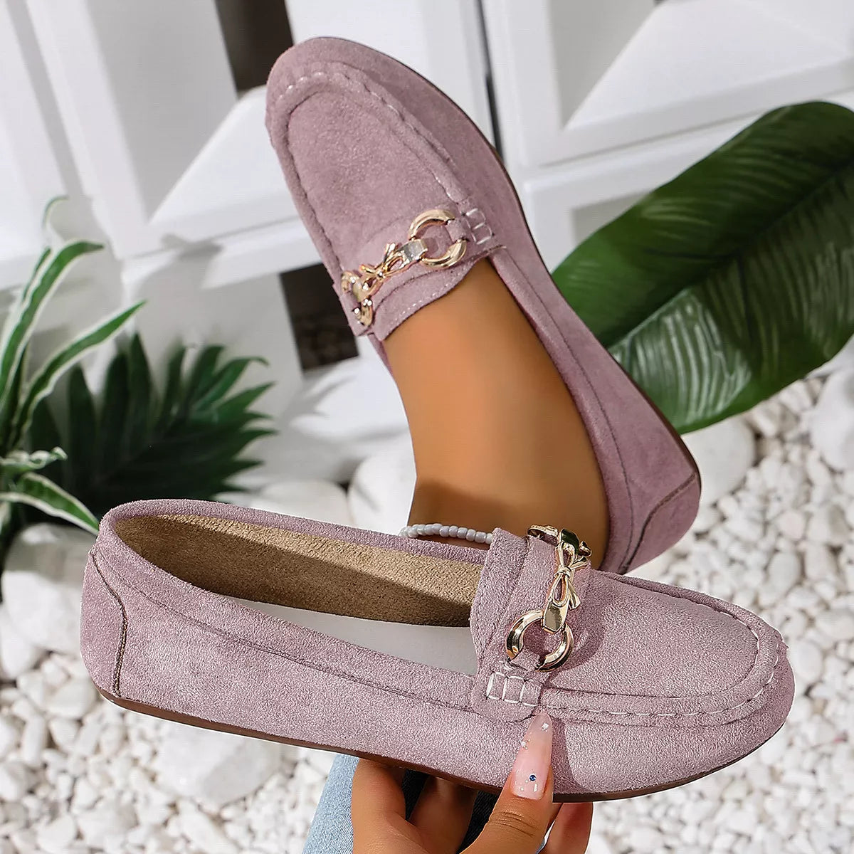 Comfortable Flat Loafers with Decorative Buckle