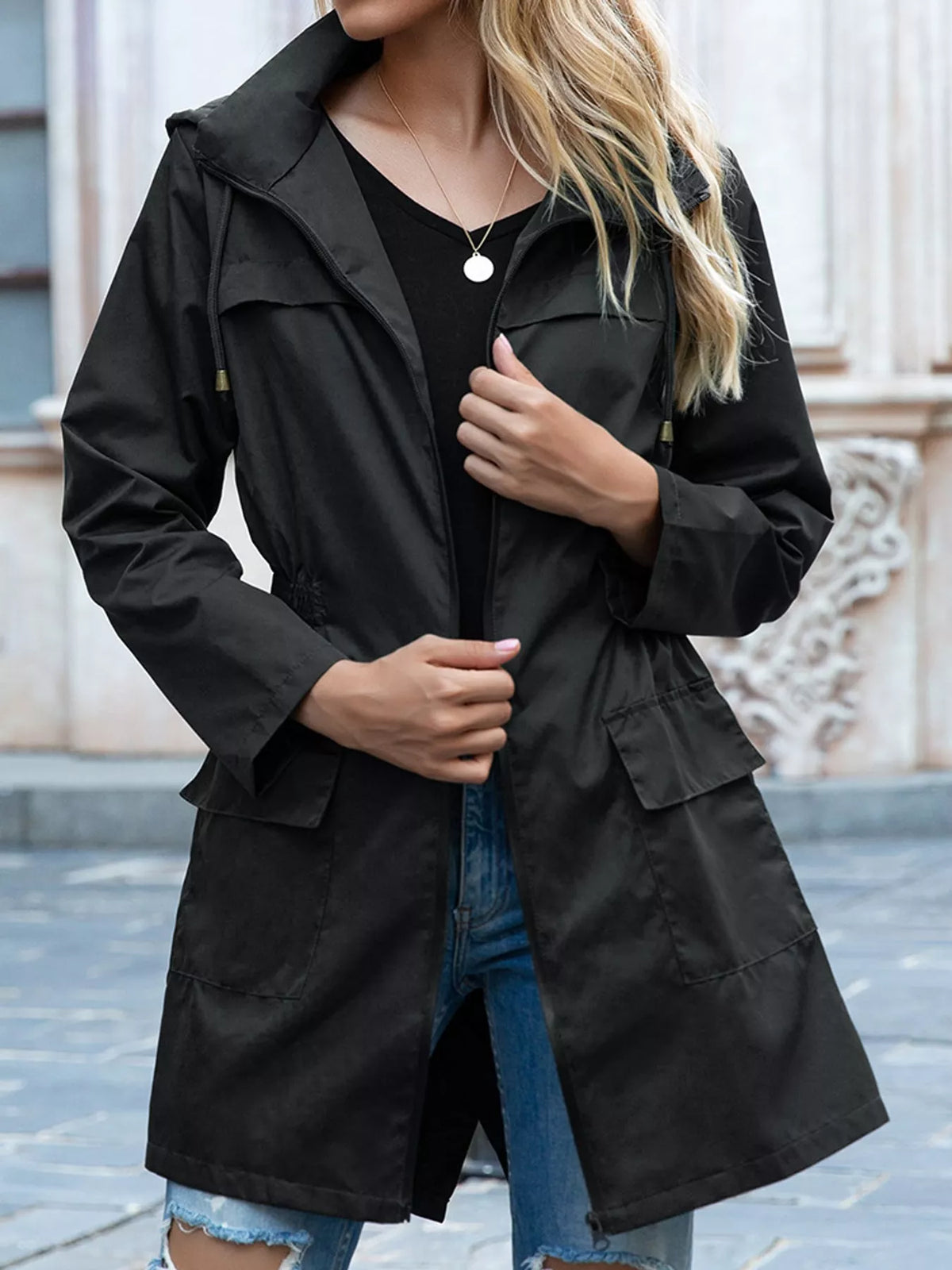 Zip Up Drawstring Waist Hooded Jacket
