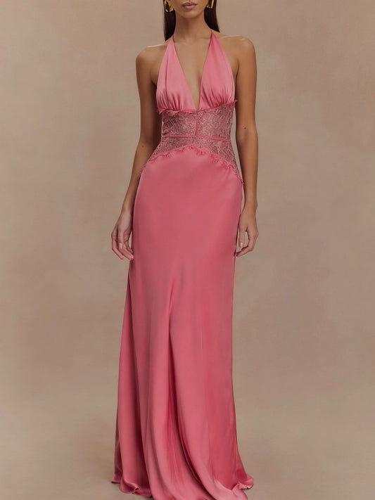 Halter Neck Lace Trimmed Maxi Dress