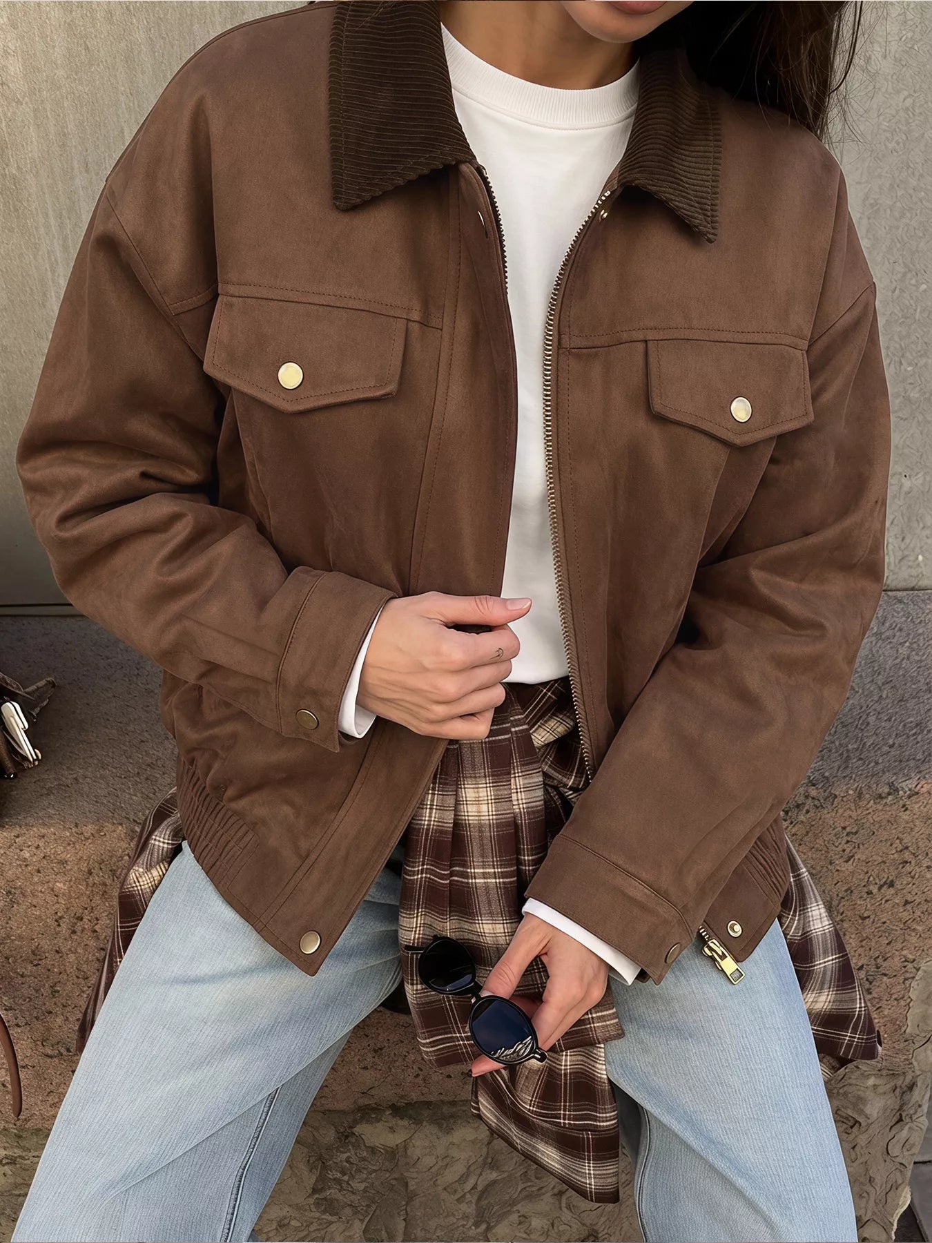 Corduroy Collar Zip-Up Jacket