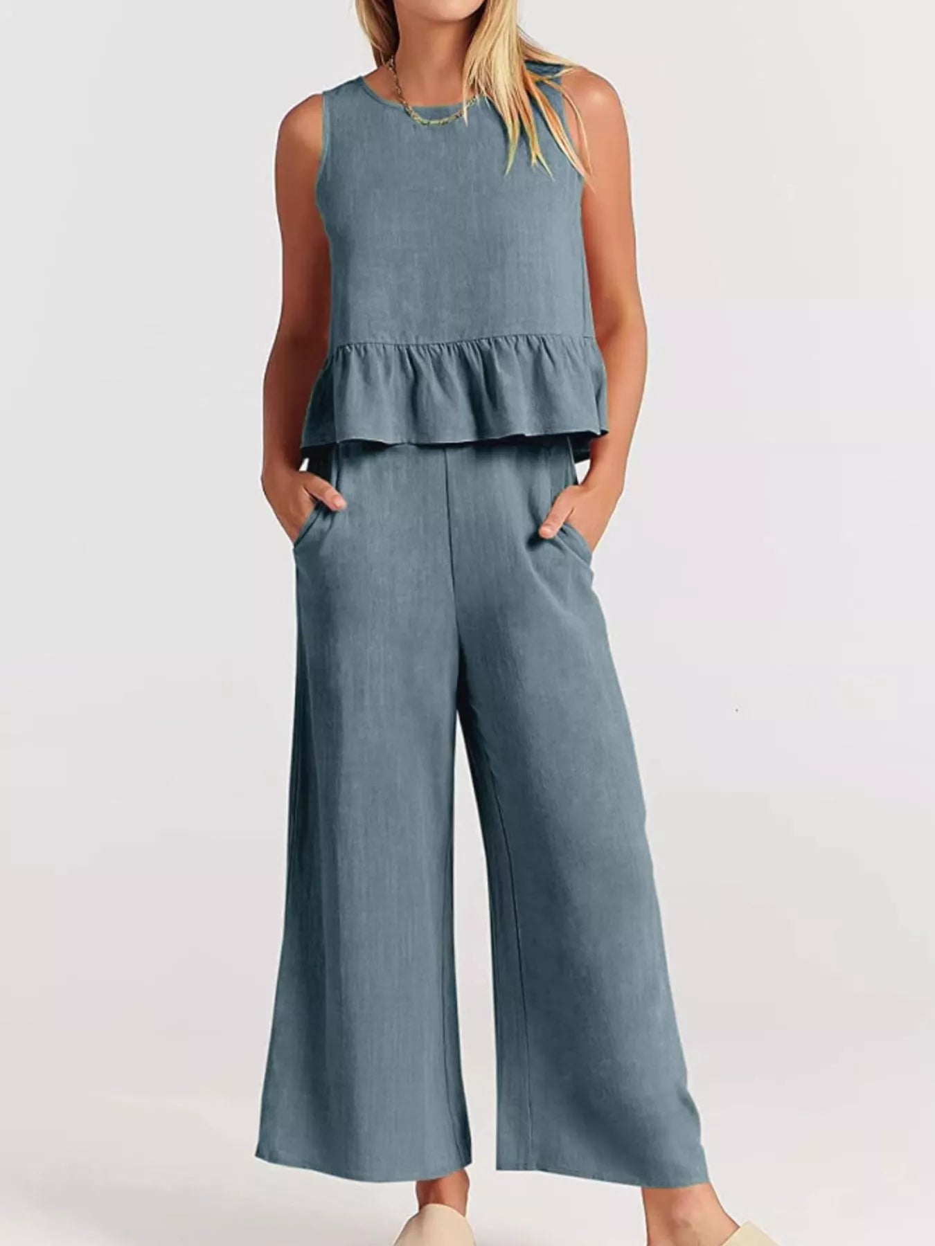 Full Size Ruffled Hem Sleeveless Top and Wide-Leg Pants Set Plus Size