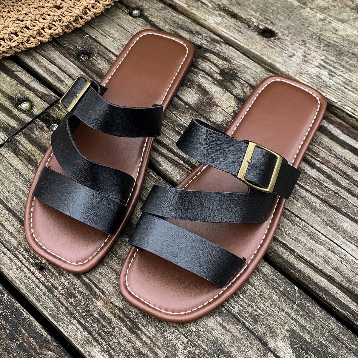 Open Toe Buckle Flat Sandals