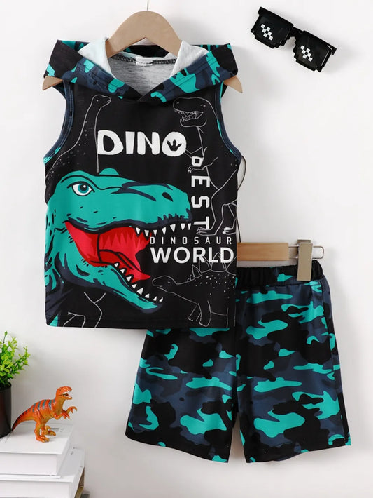Children's Dinosaur Sleeveless Hooded Top and Pants Set