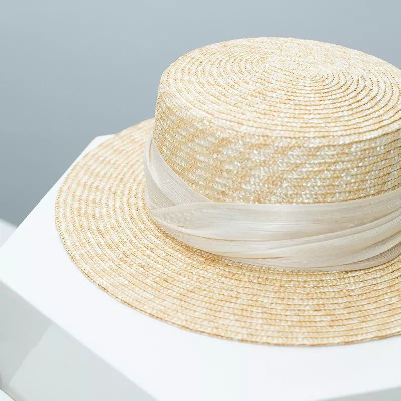 Straw Boater Hat with Ribbon Accent