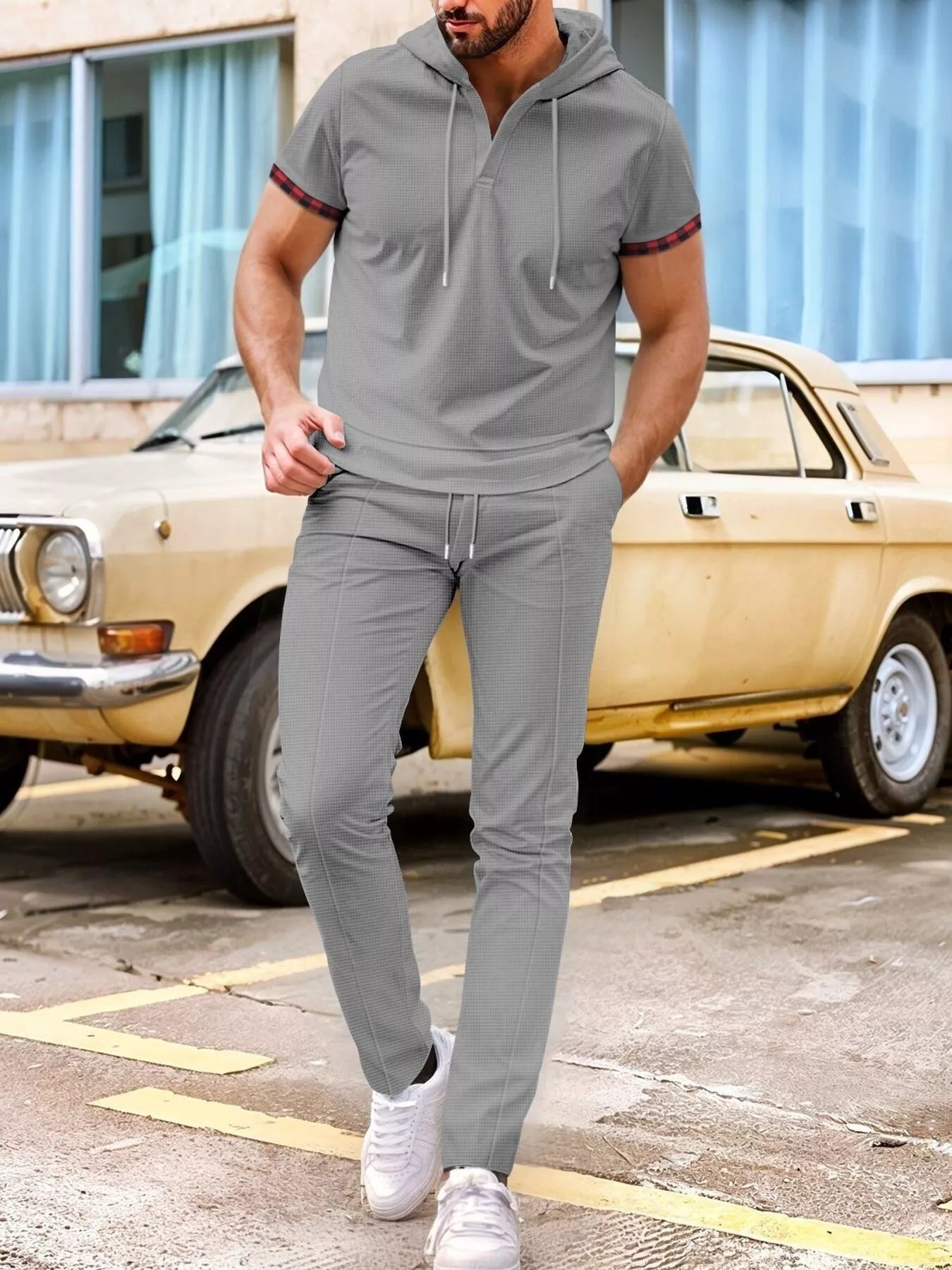 Men's Full Size Casual Short-Sleeve Hoodie and Pants Set Plus Size