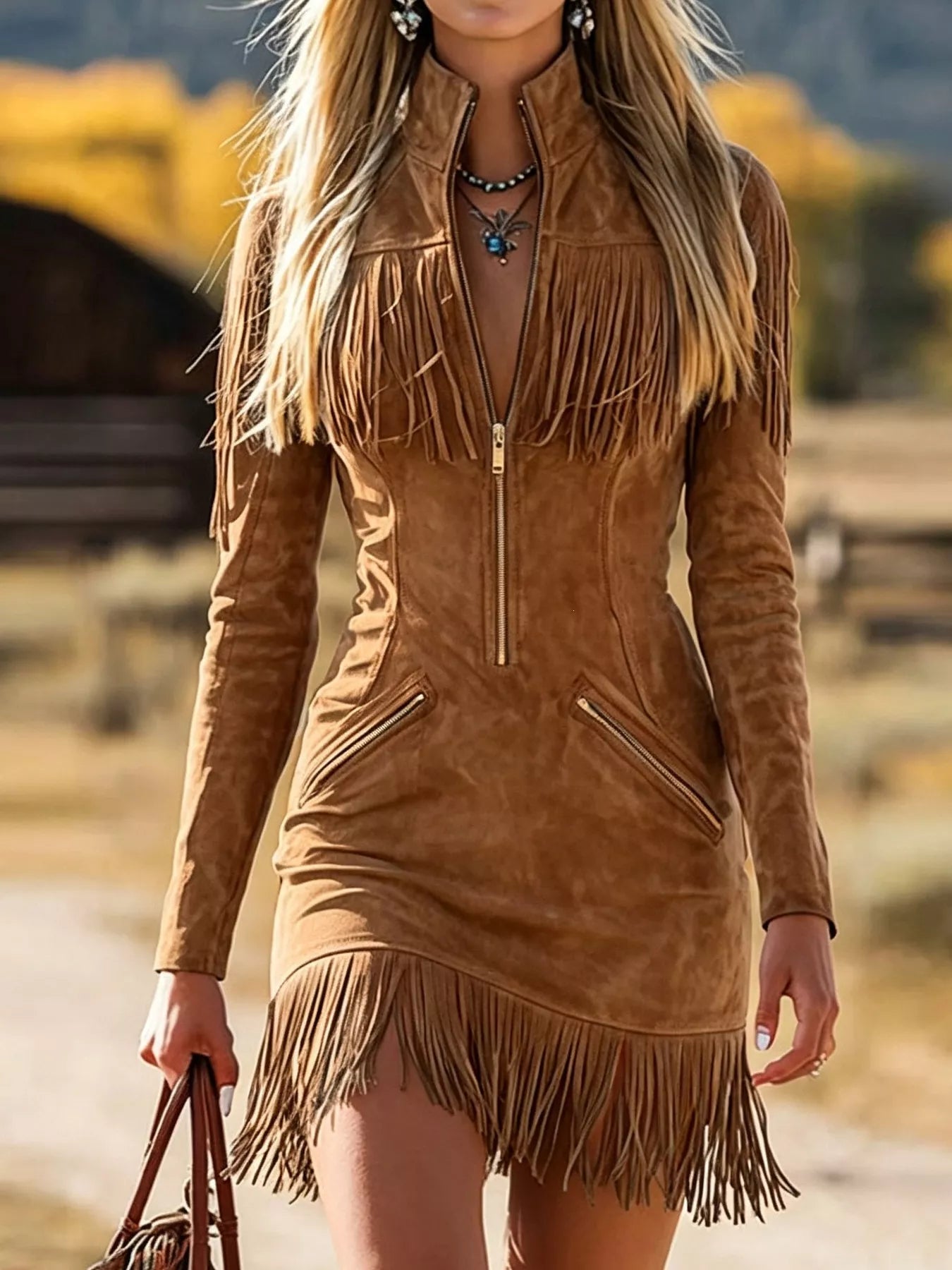 Fringed Zip-Front Mini Dress