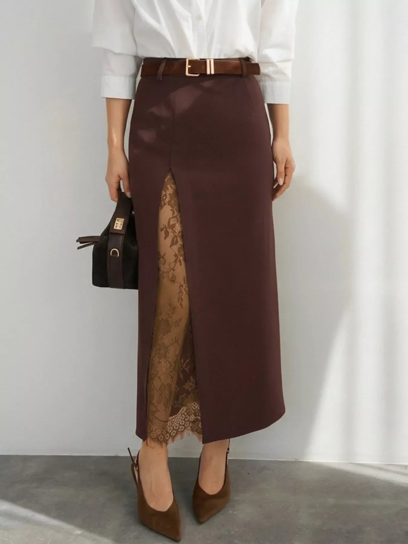 Elegant Lace-Trimmed Slit A-Line Skirt