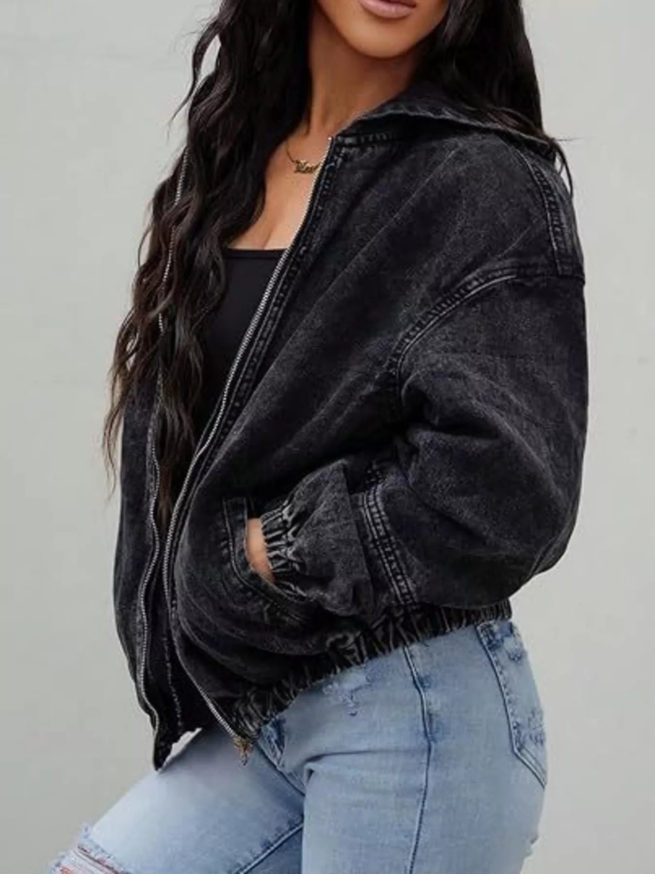 Vintage Washed Zip Up Hooded Denim Jacket
