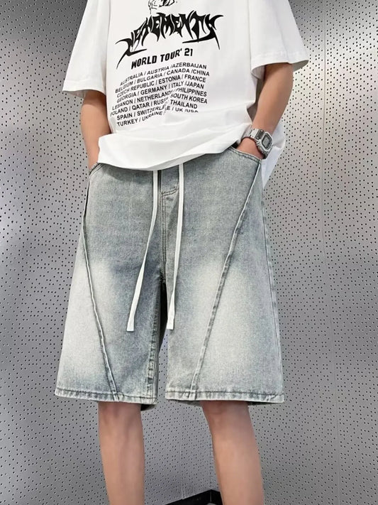 Men's Full Size Vintage Wash Drawstring Denim Shorts Plus Size