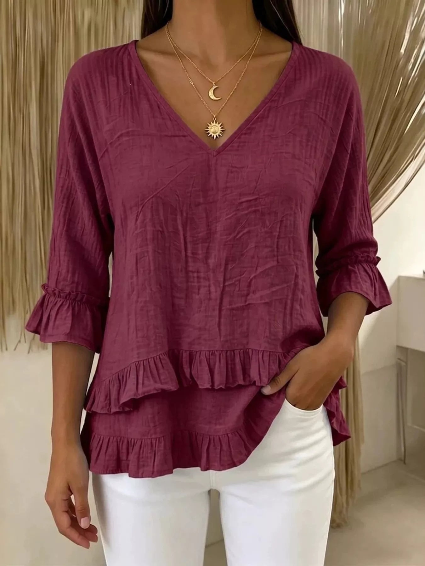 V-Neck Ruffle Sleeve Top